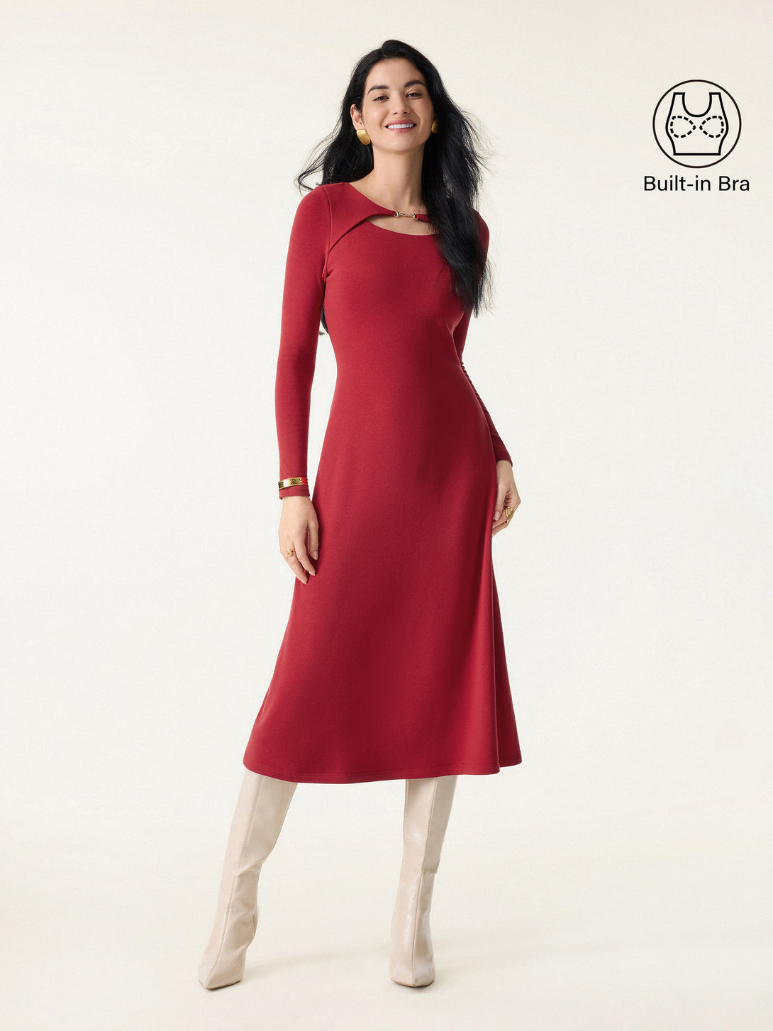 Metal Chain Detail Boatneck Midi Brami Dress Christmas Red XS