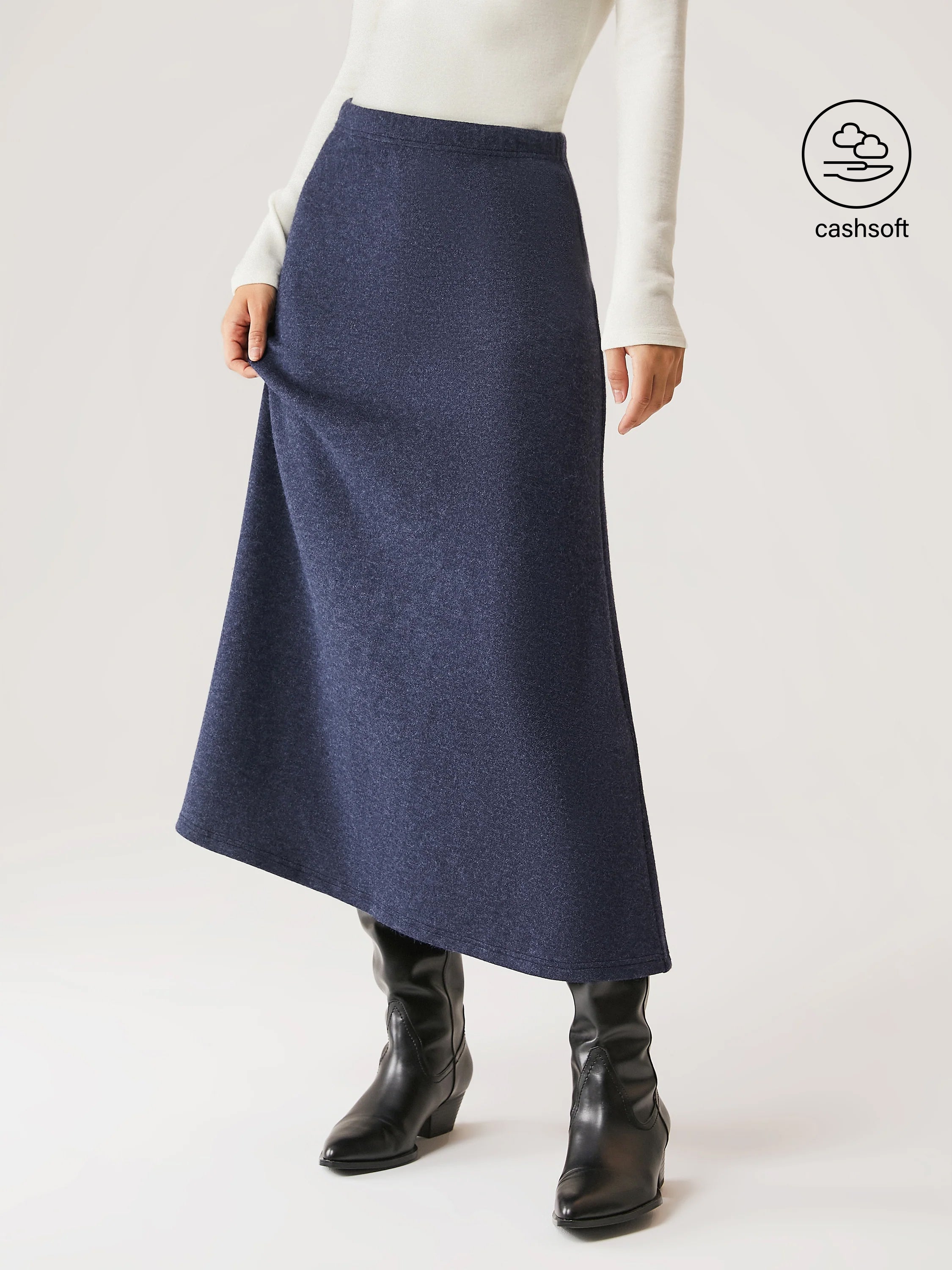 Cashsoft Elastic Waist A-Line Midi Skirt - Denim Like