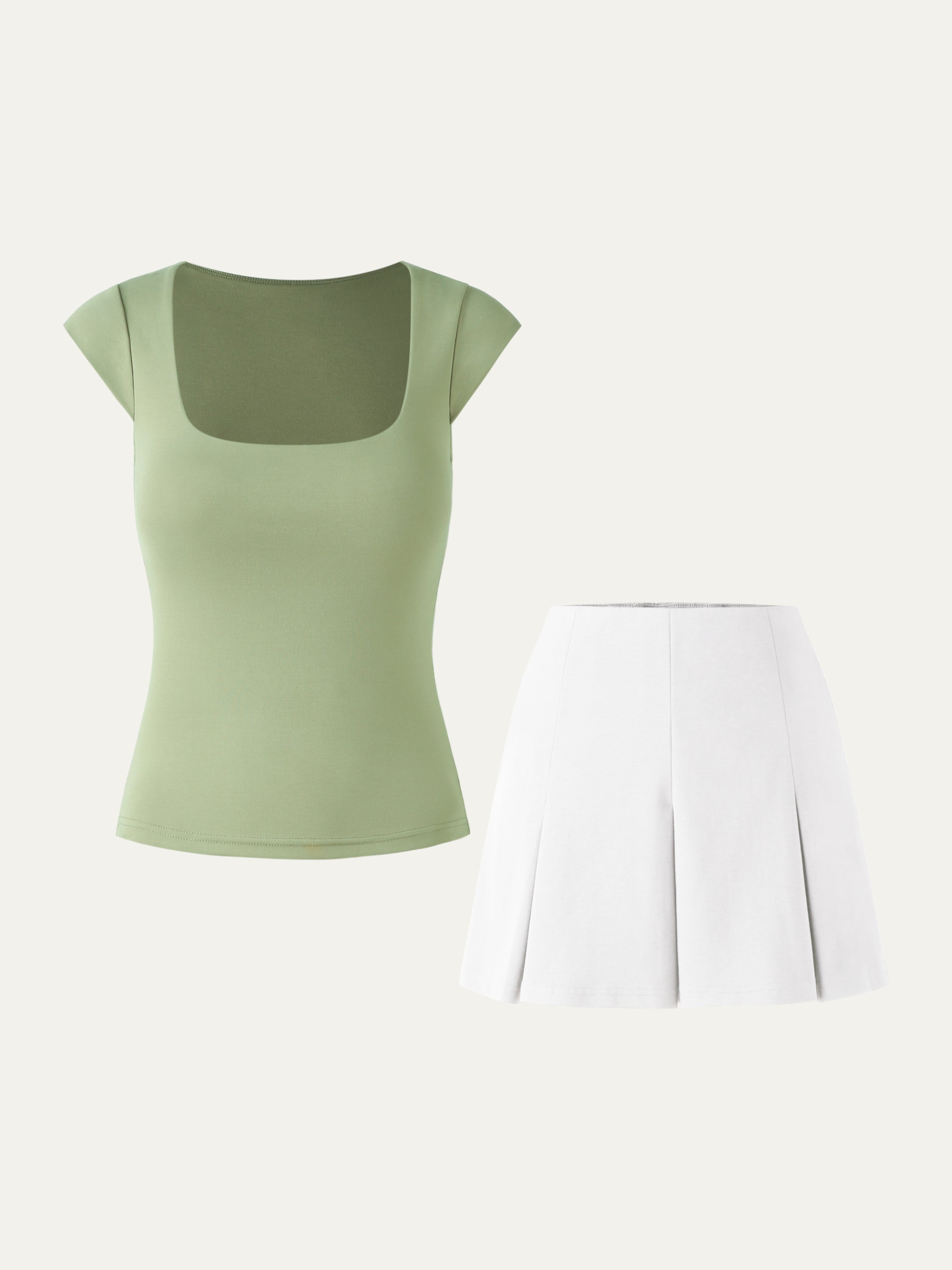 Cap Sleeve Square Neck Brami Top & Pleated Mini Skort 2Pcs Set - Limechino - White