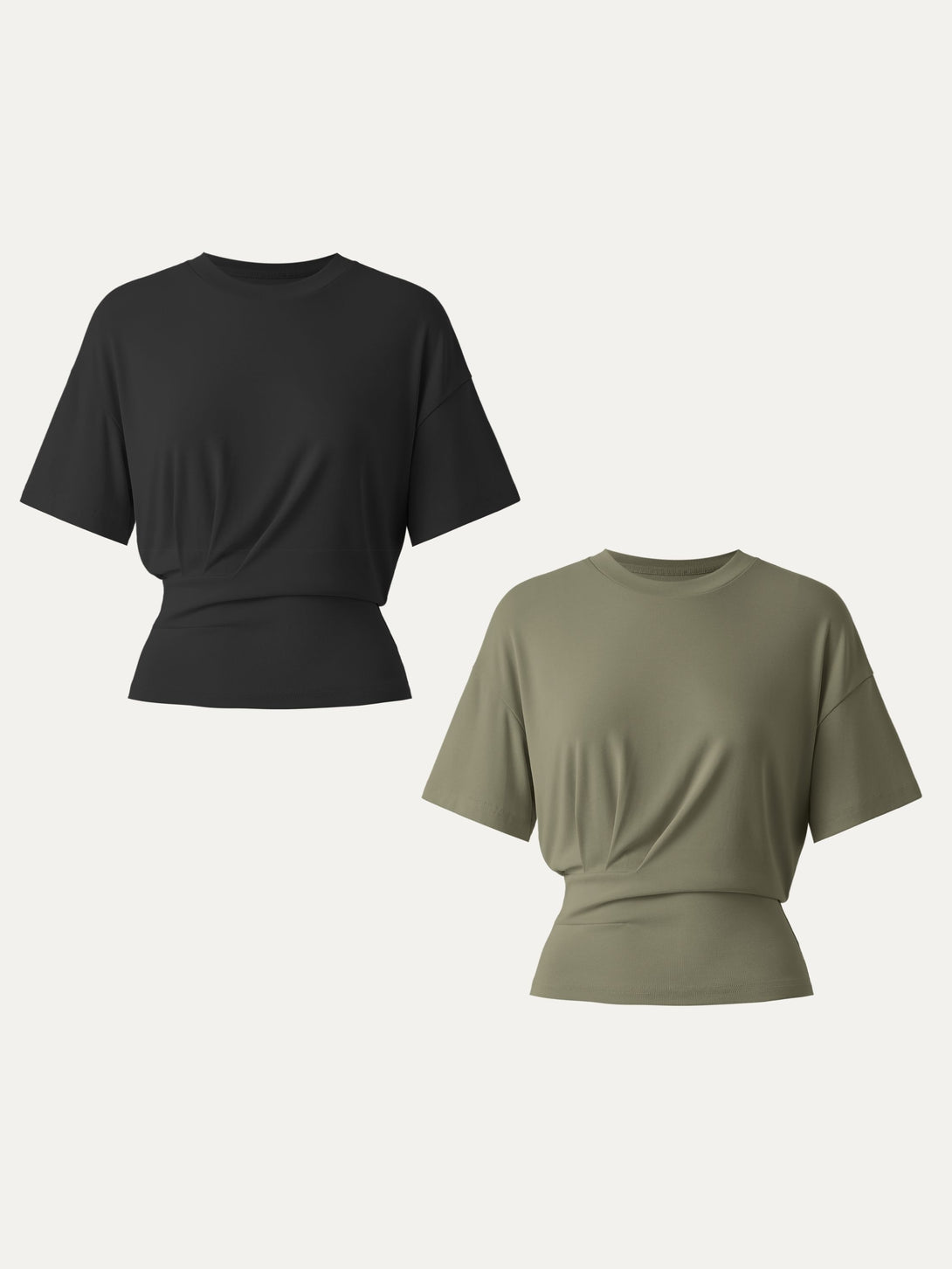 2Pcs Set Sandwashed Crewneck Short Sleeve Tucked Tee Black/Olive XS