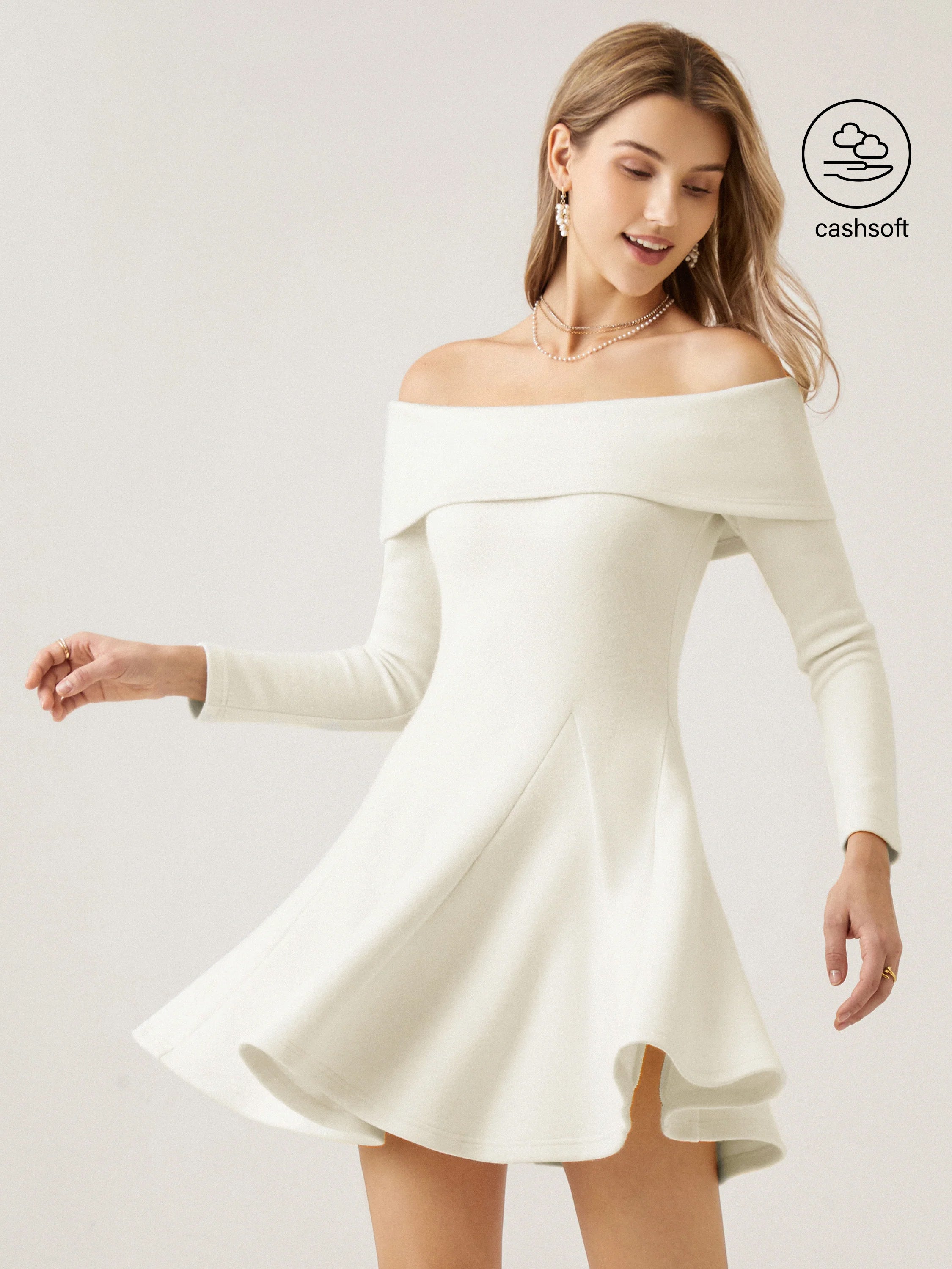 Cashsoft Long-Sleeve Off-The-Shoulder Brami Flounce Dress - Off White