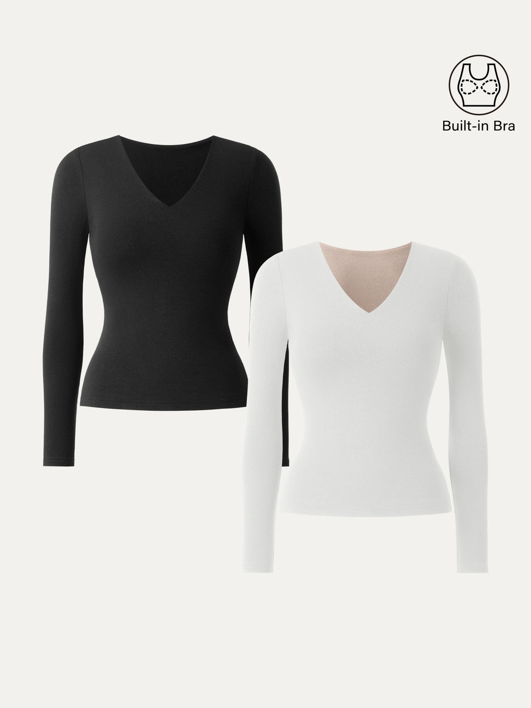 2Pcs Set Stretch Cotton V-Neck Long Sleeve Brami Top White/Black XS