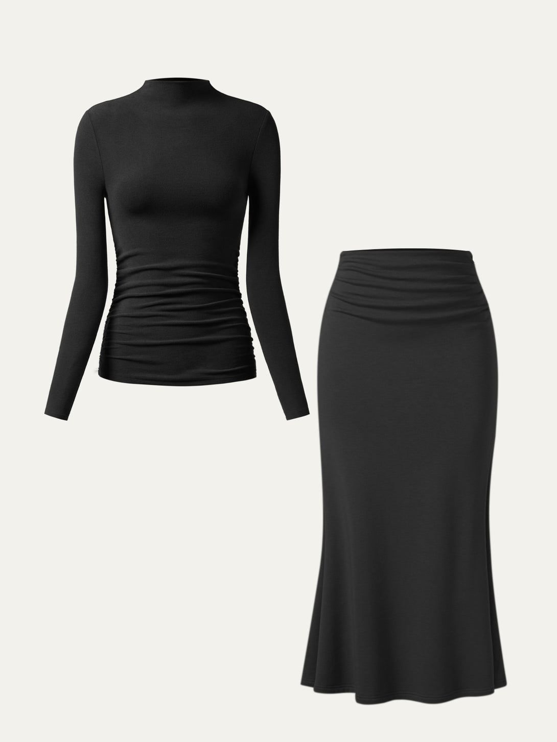 2Pcs Set Ruched Sides Mockneck Top & Mermaid Maxi Skirt Black XS
