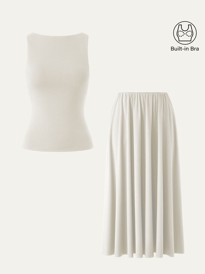 2Pcs Set Boatneck Brami Tank & Umbrella Maxi Skirt with Pockets Milk Cream XS