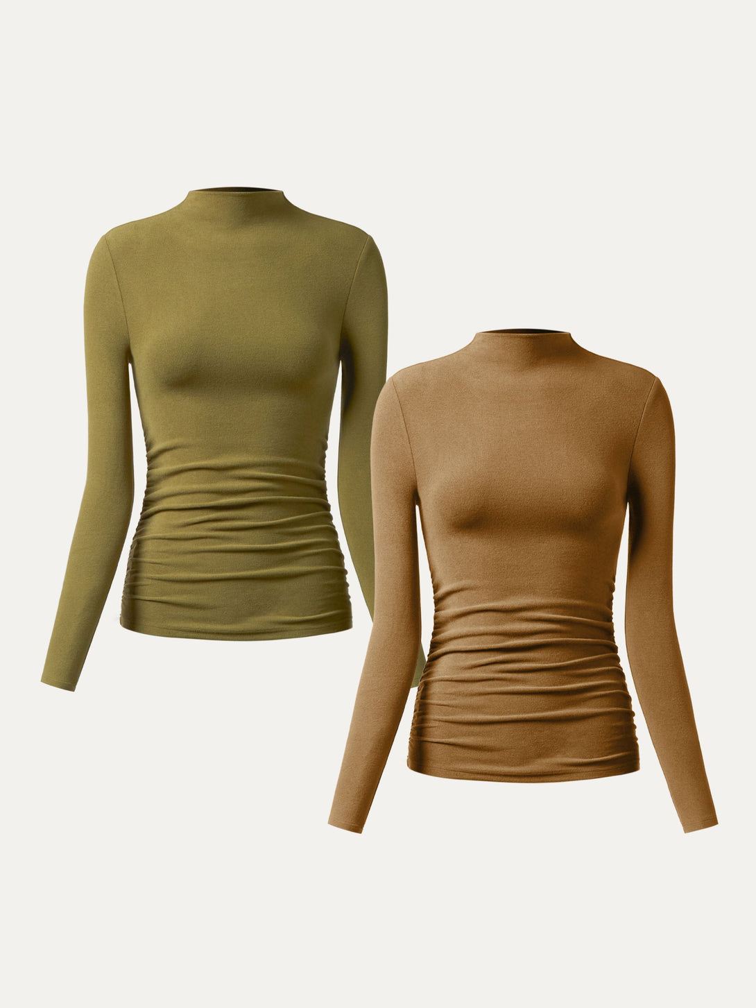 2Pcs Set Thermal Ruched Sides Tuckable Mockneck Top Ginger Olive/Cinnamon Buff XS