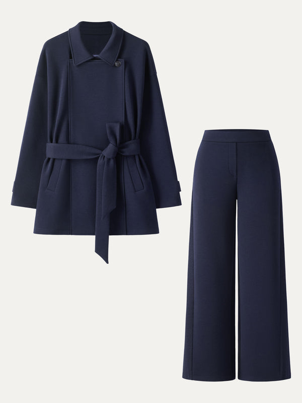 2Pcs Set Convertible Collar Belted Coat & Panel Wide Leg Pants with Pockets Universe Navy XS