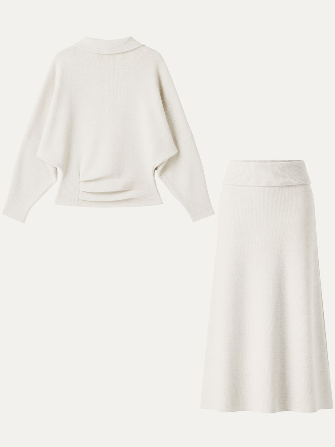 2Pcs Set Mockneck Tucked Top & Fold-Down Waistband A-line Maxi Skirt Off White XS