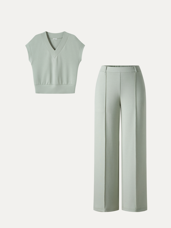 OGLmove 2Pcs Set V-Neck Short Sleeve Top & Cropped Straight-Leg Pants with Pockets
