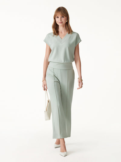 OGLmove 2Pcs Set V-Neck Short Sleeve Top & Cropped Straight-Leg Pants with Pockets Lily Green XXS