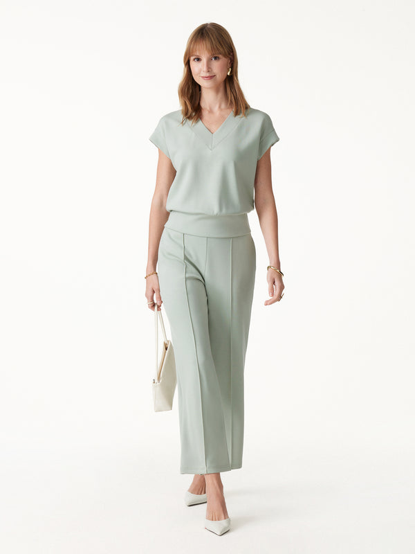 OGLmove 2Pcs Set V-Neck Short Sleeve Top & Cropped Straight-Leg Pants with Pockets Lily Green XXS