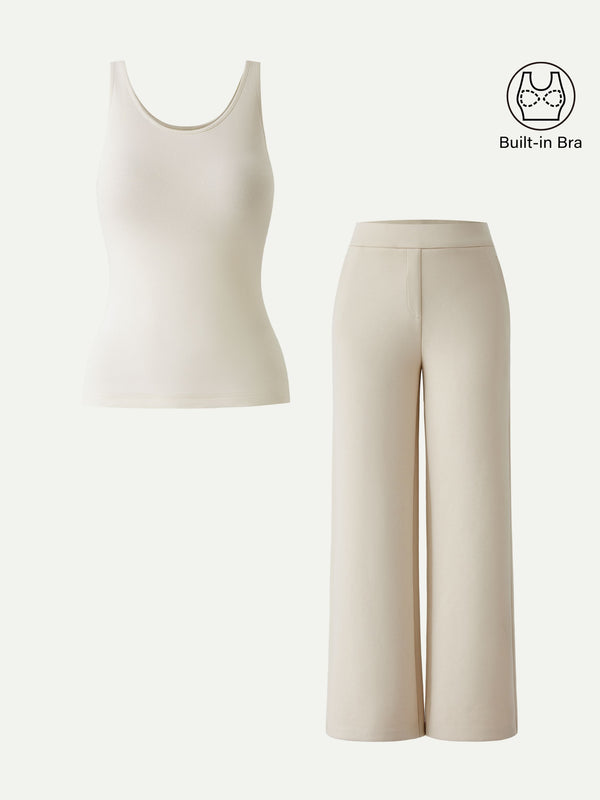 2Pcs Set U-Neck Brami Tank & Mid Rise Pull-on Straight Pant Limestone/Ivory XS