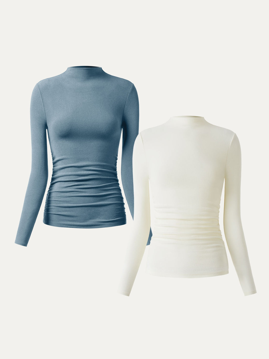 2Pcs Set Thermal Ruched Sides Tuckable Mockneck Top Off White/Dusk Blue XS