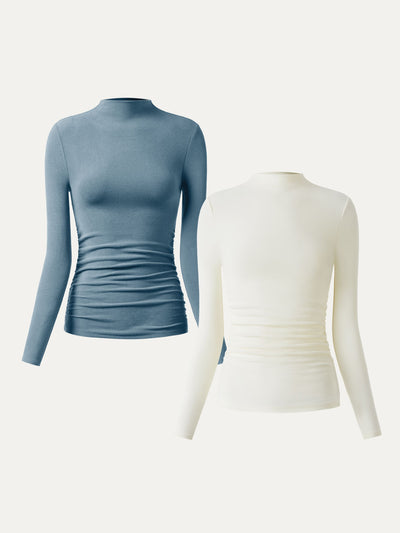 2Pcs Set Thermal Ruched Sides Tuckable Mockneck Top Off White/Dusk Blue XS