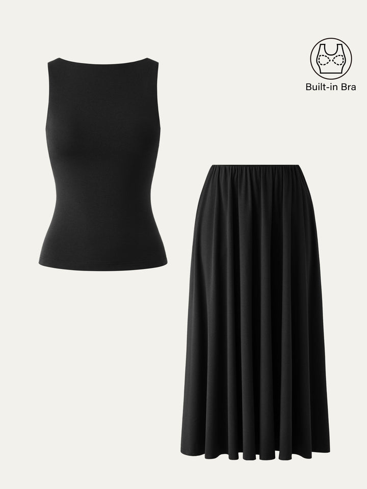 2Pcs Set Boatneck Brami Tank & Umbrella Maxi Skirt with Pockets Black XS