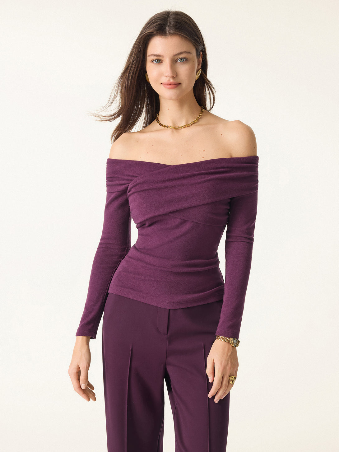 2Pcs Set Criss Cross Off-Shoulder Brami & High Rise Pull-on Flared Petite Pants