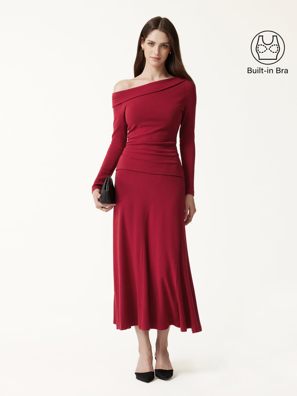 OGLmove 2Pcs Set LiteWarm Asymmetrical Built-In Bra Top & High-Rise A-Line Midi Skirt Brick XXS