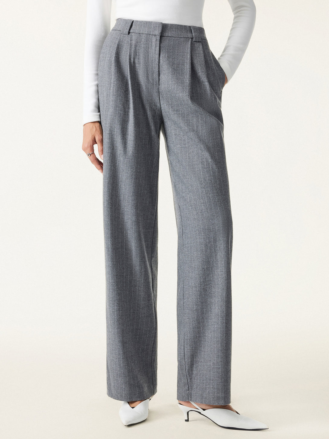 Stretch Striped Mid Rise Wide Leg Trousers with Pockets