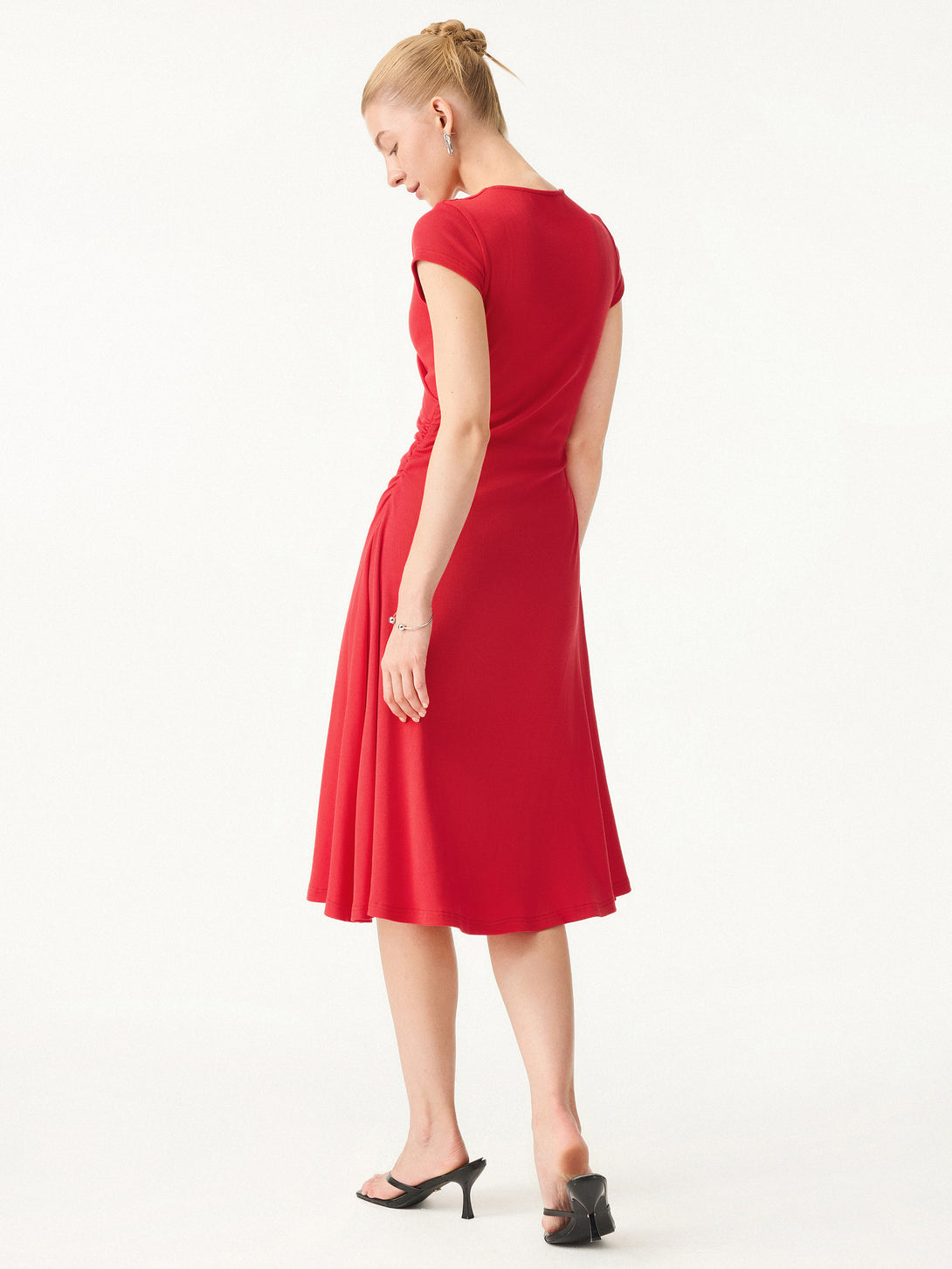 Stretch Cotton Surplice V-neck Cap Sleeve Midi Dress