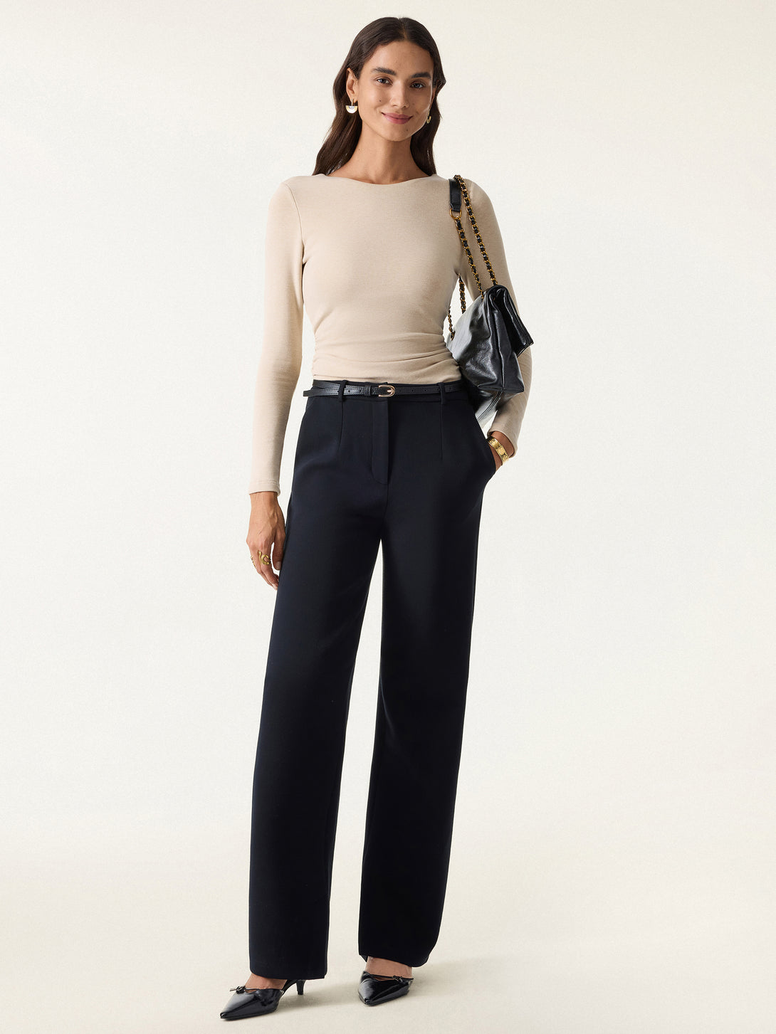 Cozy Knit High Rise Slim Straight Leg Pants with Pockets