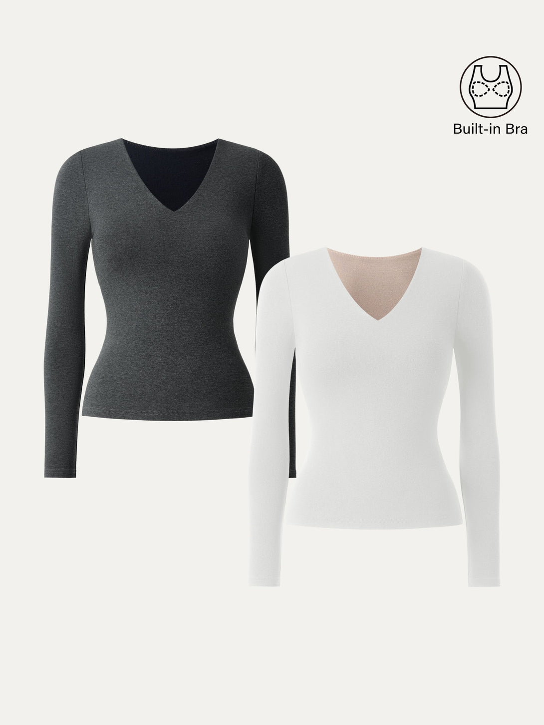 2Pcs Set Stretch Cotton V-Neck Long Sleeve Brami Top White/Heather Black XS