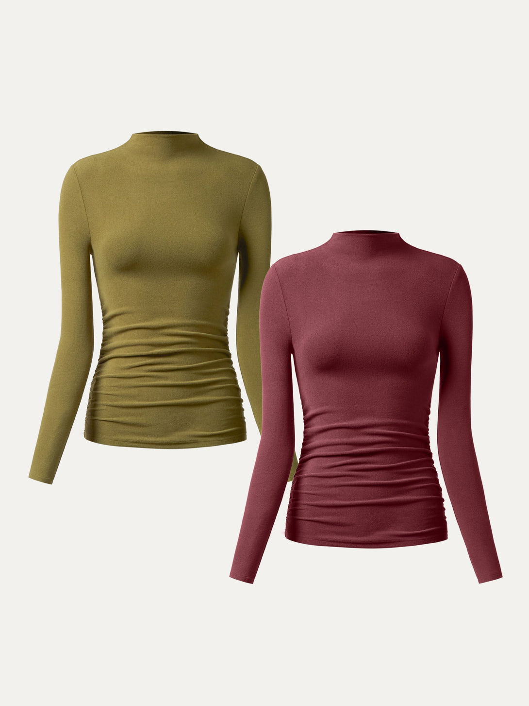 2Pcs Set Thermal Ruched Sides Tuckable Mockneck Top