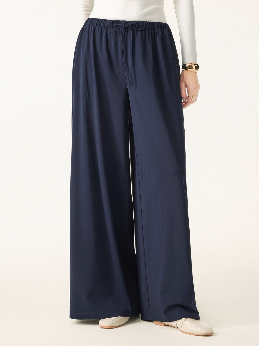 Stretch Ponte Mid Rise Palazzo Pants with Pockets