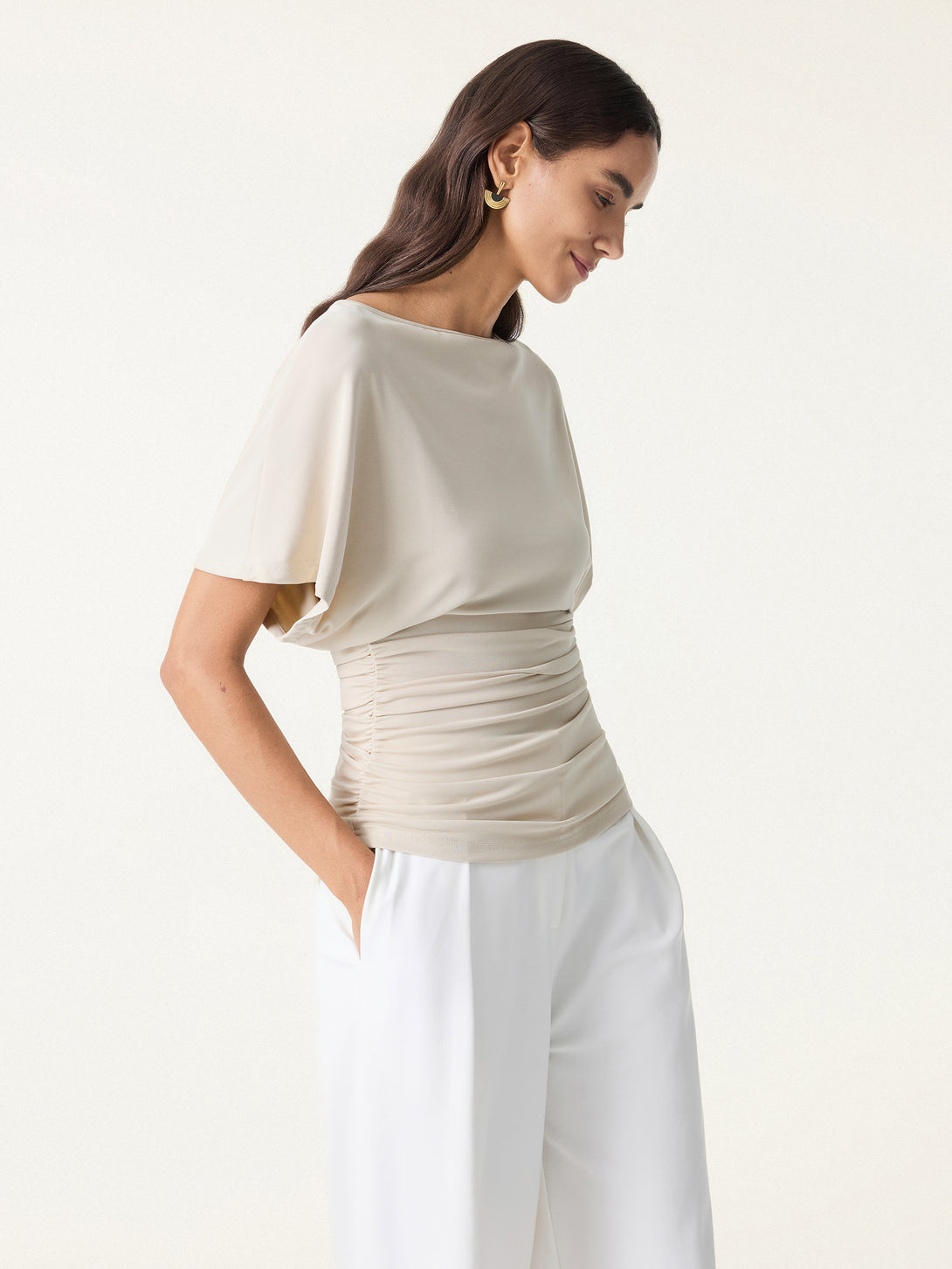 Effortless Boatneck Batwing Sleeve Side Ruched Top