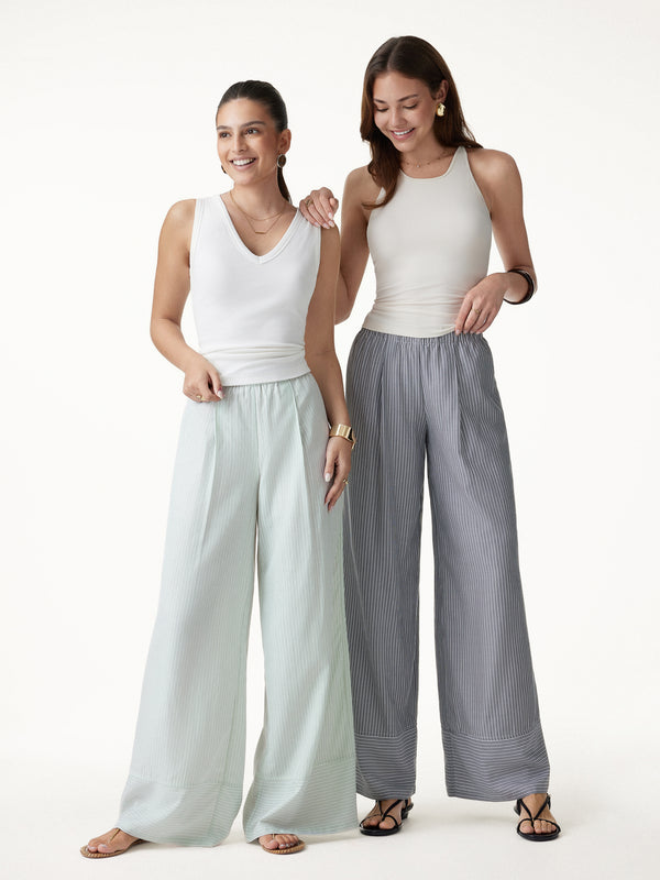 OGLmove Summer Poplin High-Rise Wide Leg Pants with Pockets Petite Grey/White Stripe