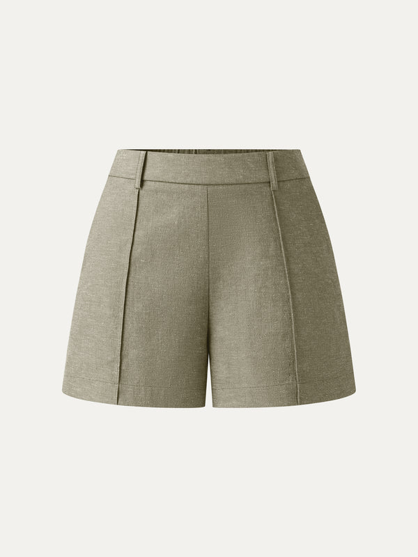 OGLmove Linen-Like Mid Rise Pintuck Shorts with Pockets Tate Olive Green XS