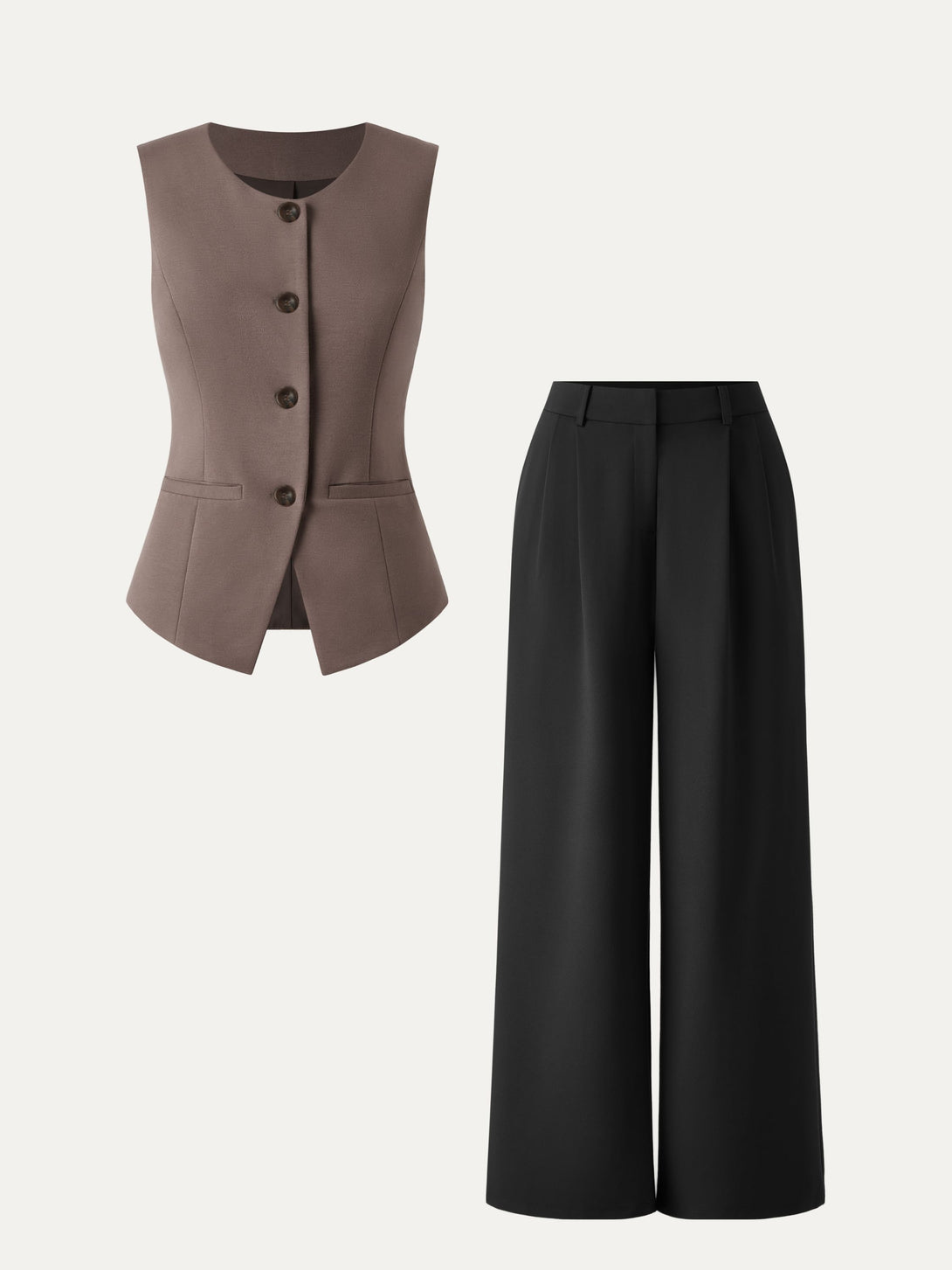 2Pcs Set Waistcoat with Pockets & Wide Leg Pant with Pockets Black/Fawn XS
