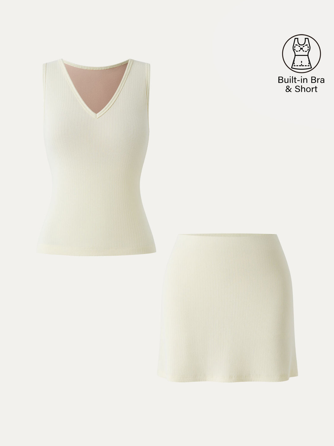 2Pcs Set V-neck Sleeveless Brami Tank & A-line Mini Skirt with Built-in Shorts