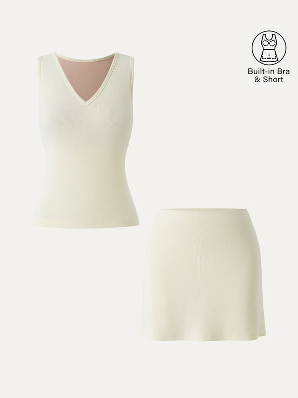 2Pcs Set V-neck Sleeveless Brami Tank & A-line Mini Skirt with Built-in Shorts