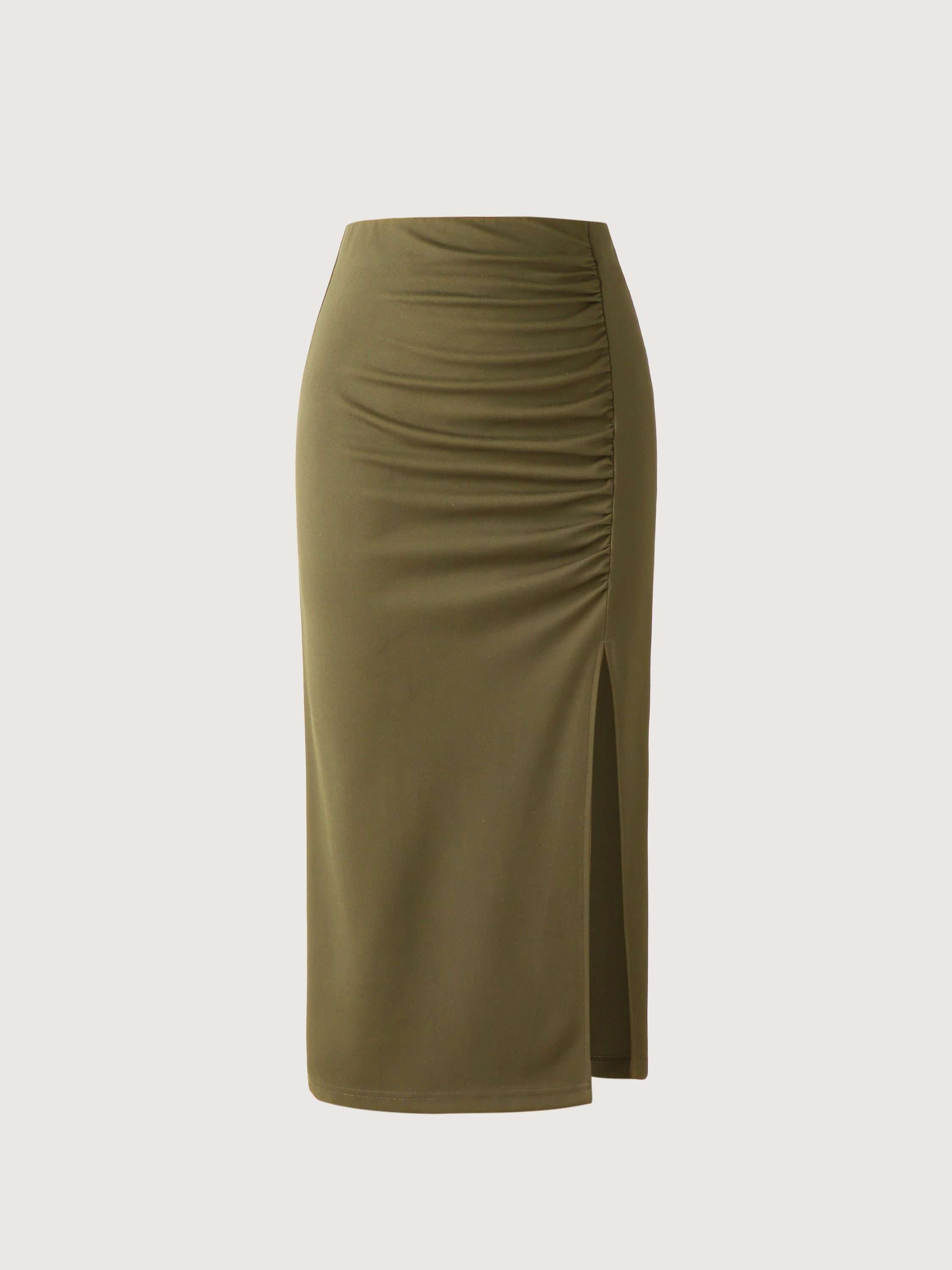 Ruching Slit Midi Skirt - Tate Olive