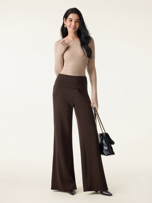 Tummy Warmer Folding Waistband Flared Pants with Pockets