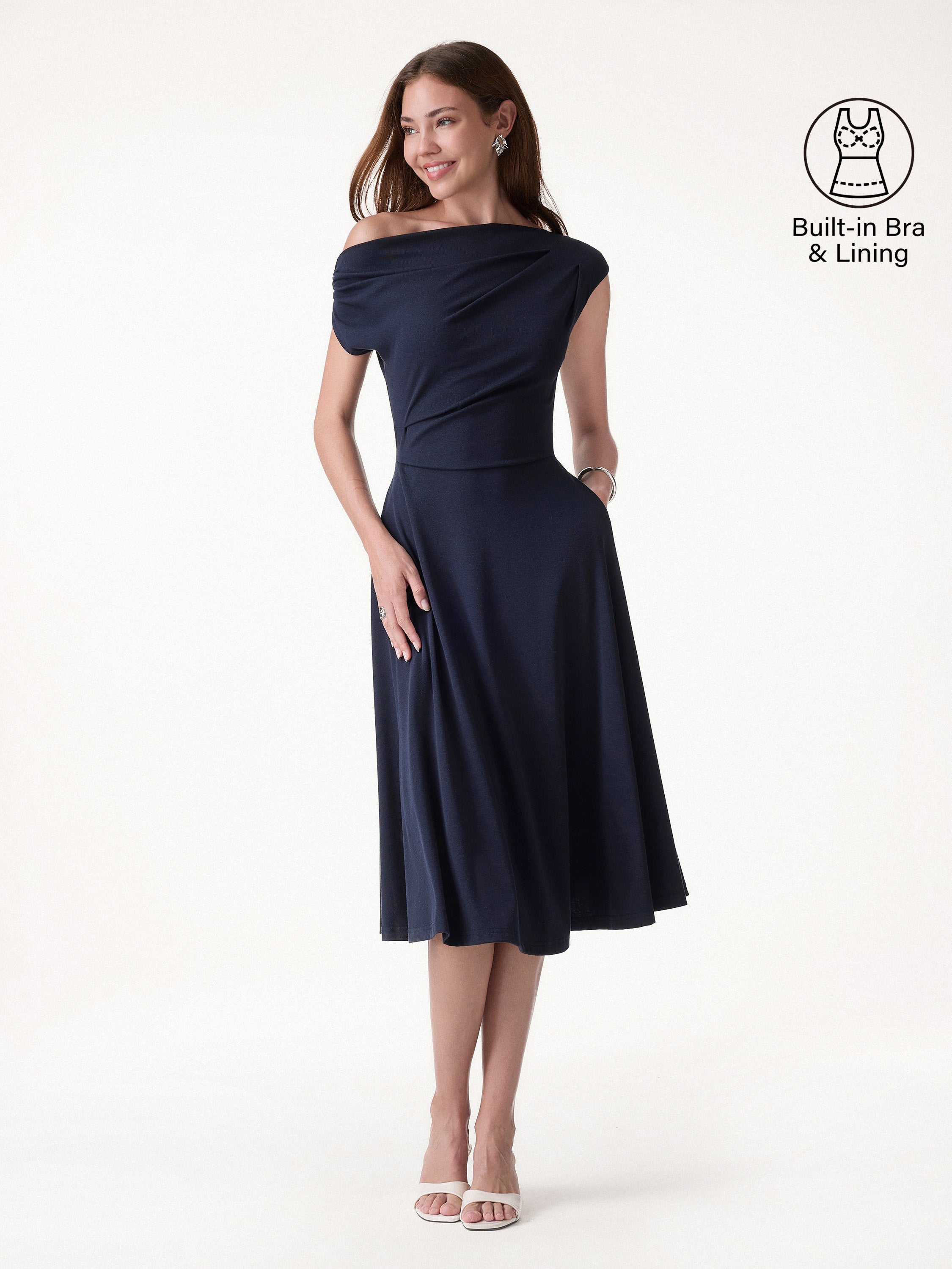Casual Going Out Regular Fit Navy/L Midi Dresses Fitted Sleeves Short Sleeves Asymmetrical Shoulder Women Dresses OGLmove