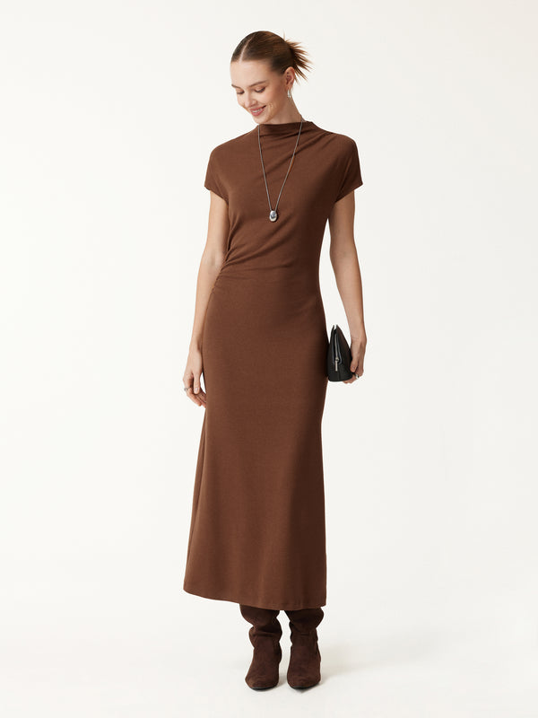 OGLmove Eco-Mousse® Mock Neck Cap Sleeve Ruched Midi Dress