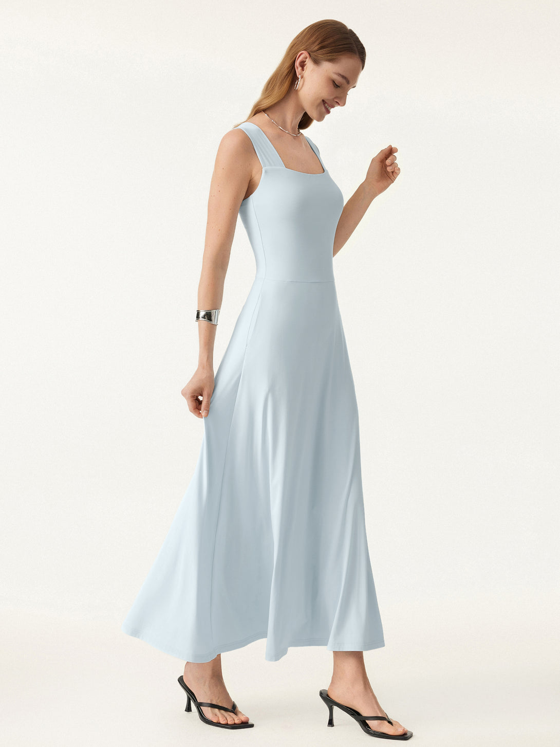 Flowy Square Neck Wide Straps Midi Brami Dress with Pockets