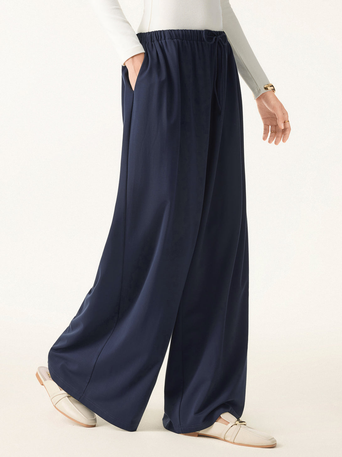 Stretch Ponte Mid Rise Palazzo Pants with Pockets