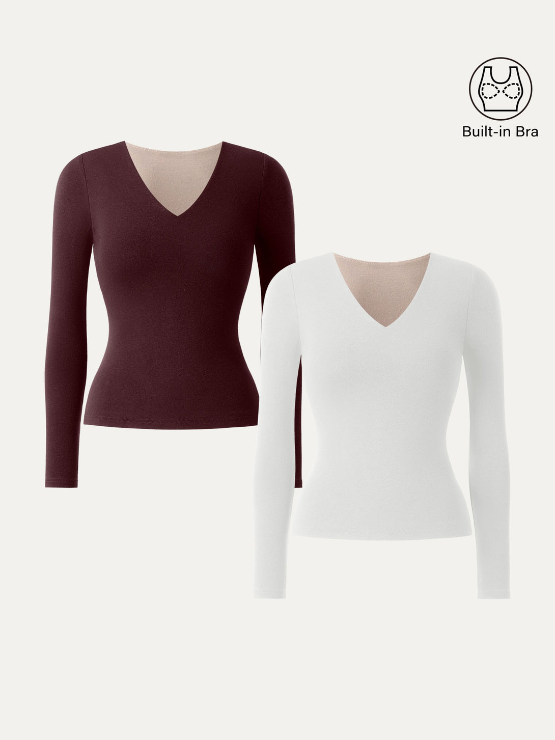 2Pcs Set Stretch Cotton V-Neck Long Sleeve Brami Top White/Ruby XS
