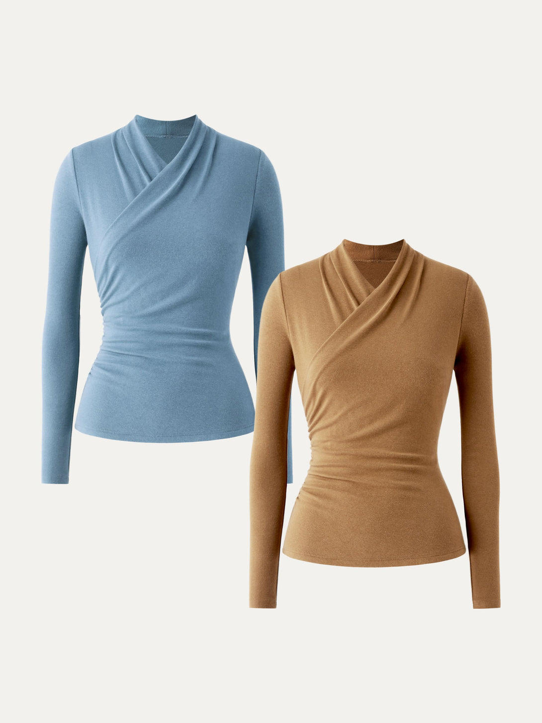2Pcs Set Surplice Long Sleeve Top Cinnamon Buff/Dusk Blue XS