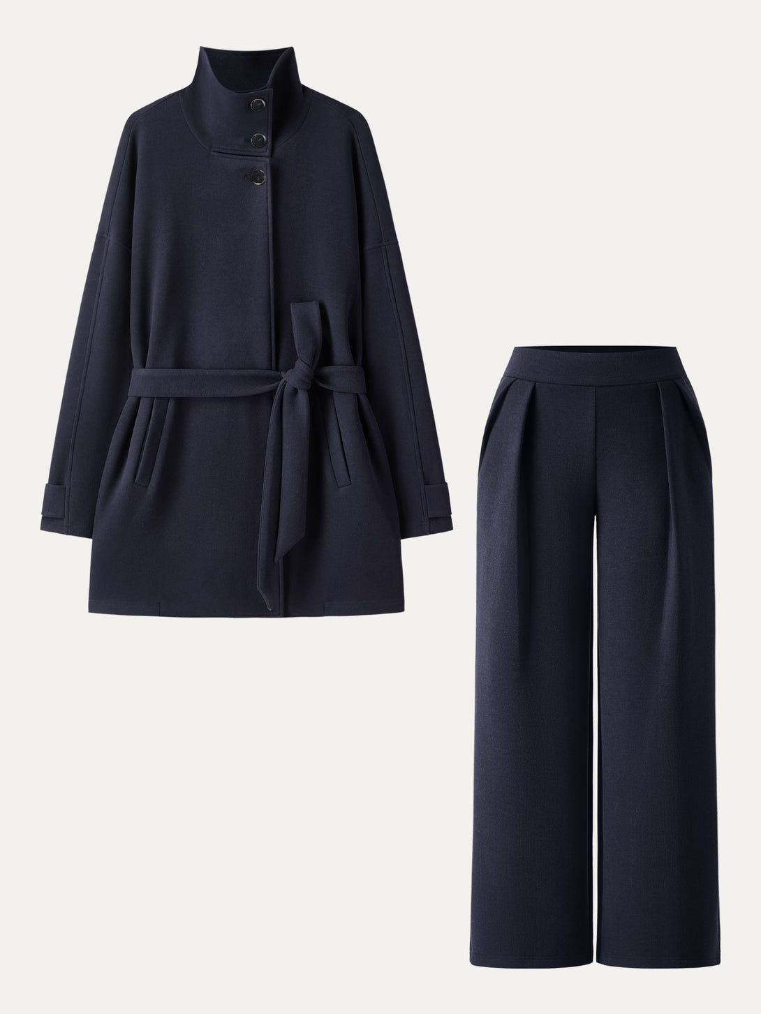 2Pcs Set Stand Collar Belted Coat & Mid Rise Straight Pull-on Pants with Pockets Black Navy XS