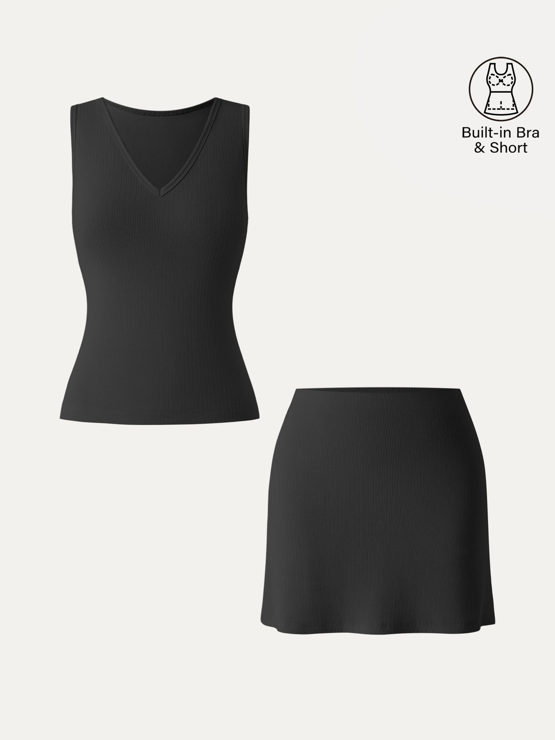 2Pcs Set V-neck Sleeveless Brami Tank & A-line Mini Skirt with Built-in Shorts