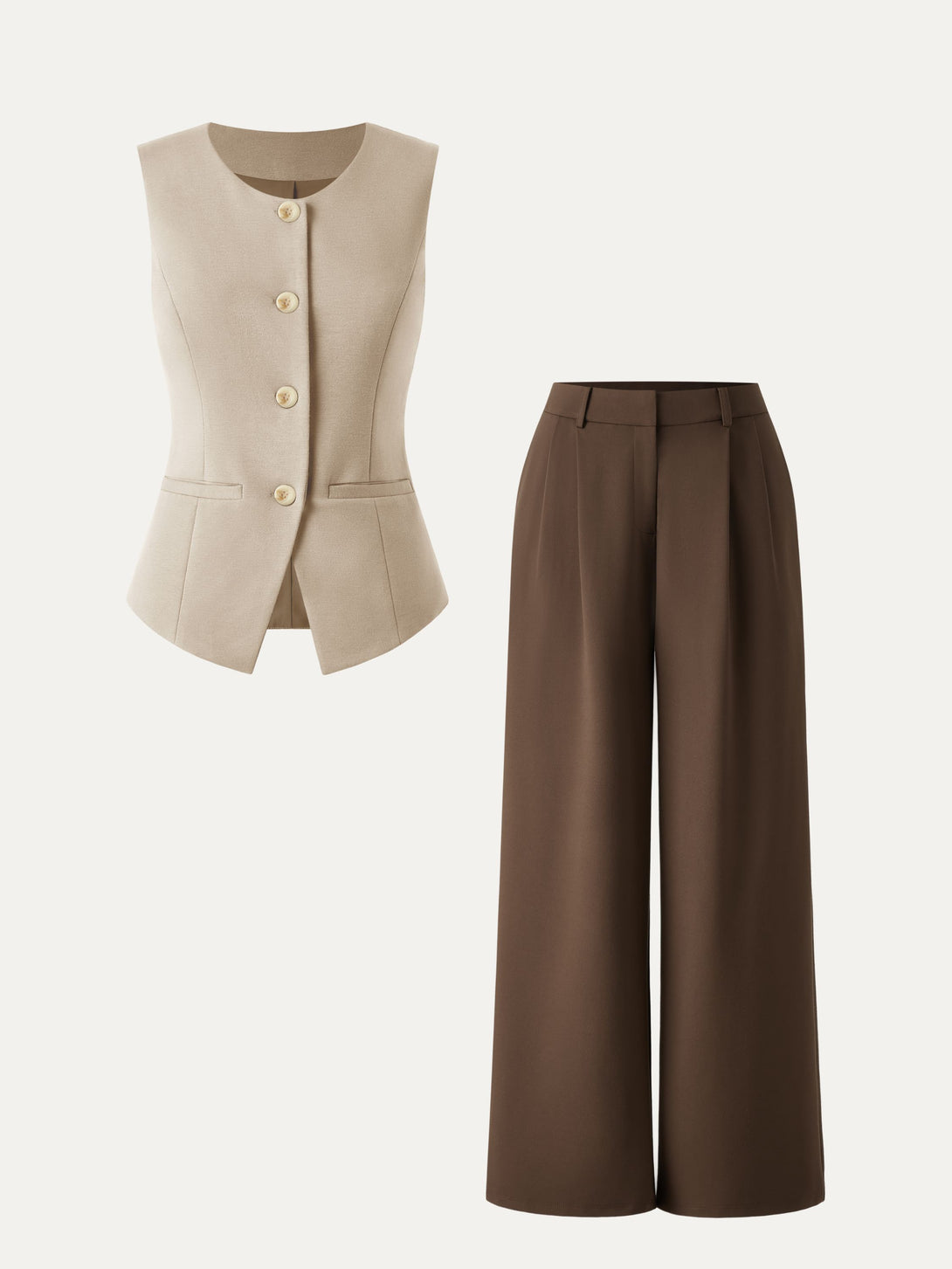 2Pcs Set Waistcoat with Pockets & Wide Leg Pant with Pockets Sand Tan/Pecan XS