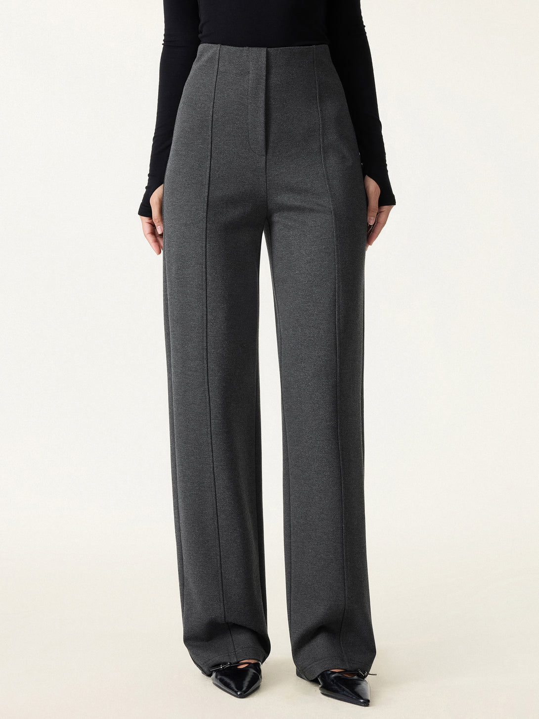 Stretch Ponte High Rise Straight Leg Pants with Pockets Regular Heather Black