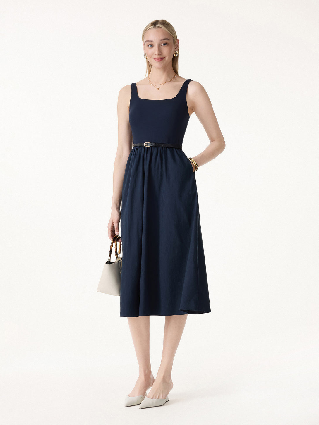 white christmas dresses Navy Blue Linen Cotton Fit & Flare Dress main image 0
