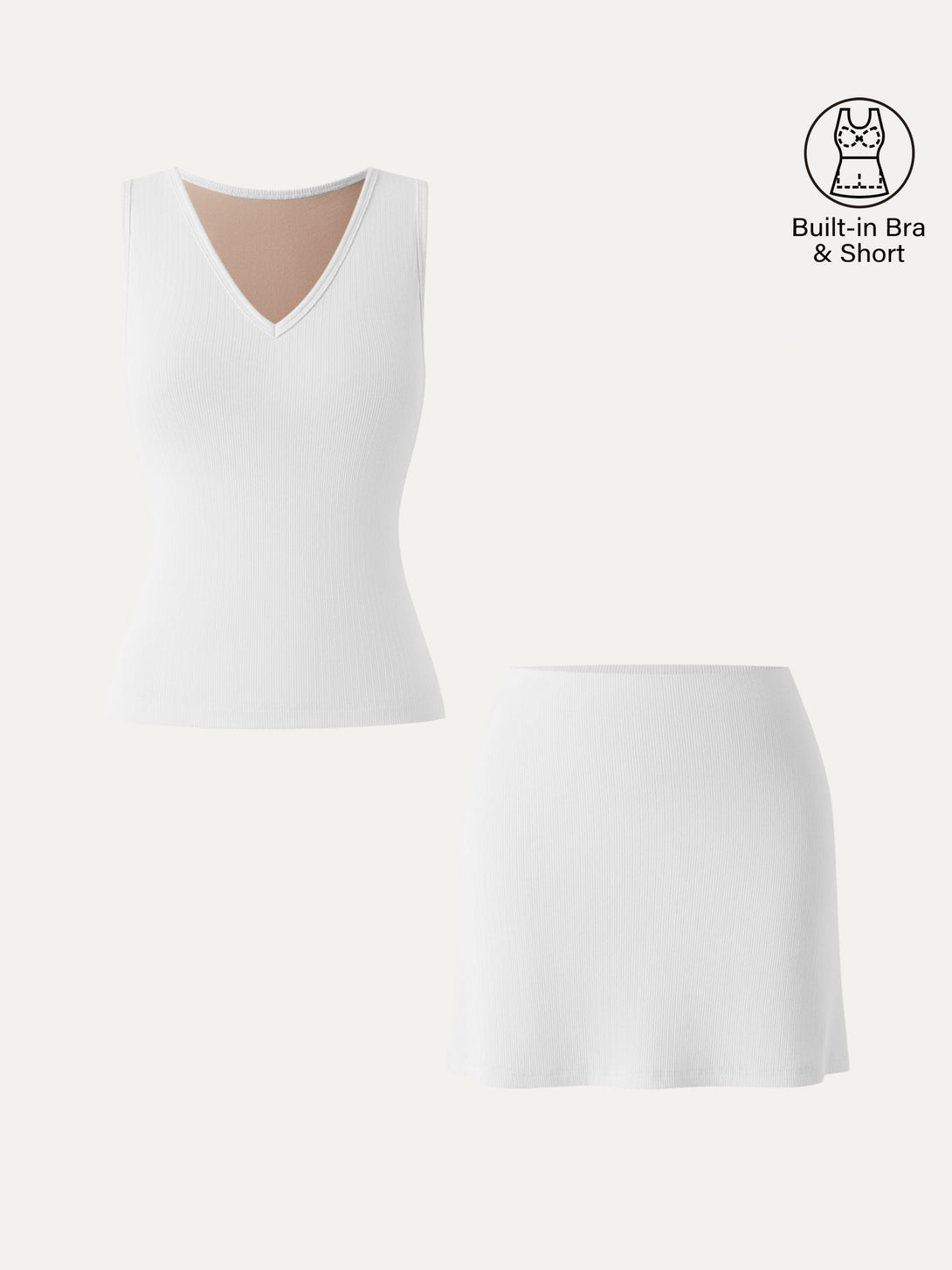 2Pcs Set V-neck Sleeveless Brami Tank & A-line Mini Skirt with Built-in Shorts White XS