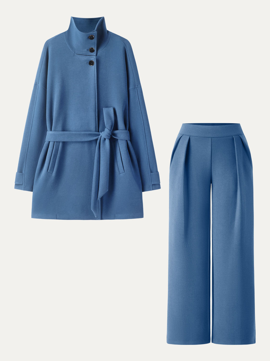2Pcs Set Stand Collar Belted Coat & Mid Rise Straight Pull-on Pants with Pockets Heather Rock Blue XS