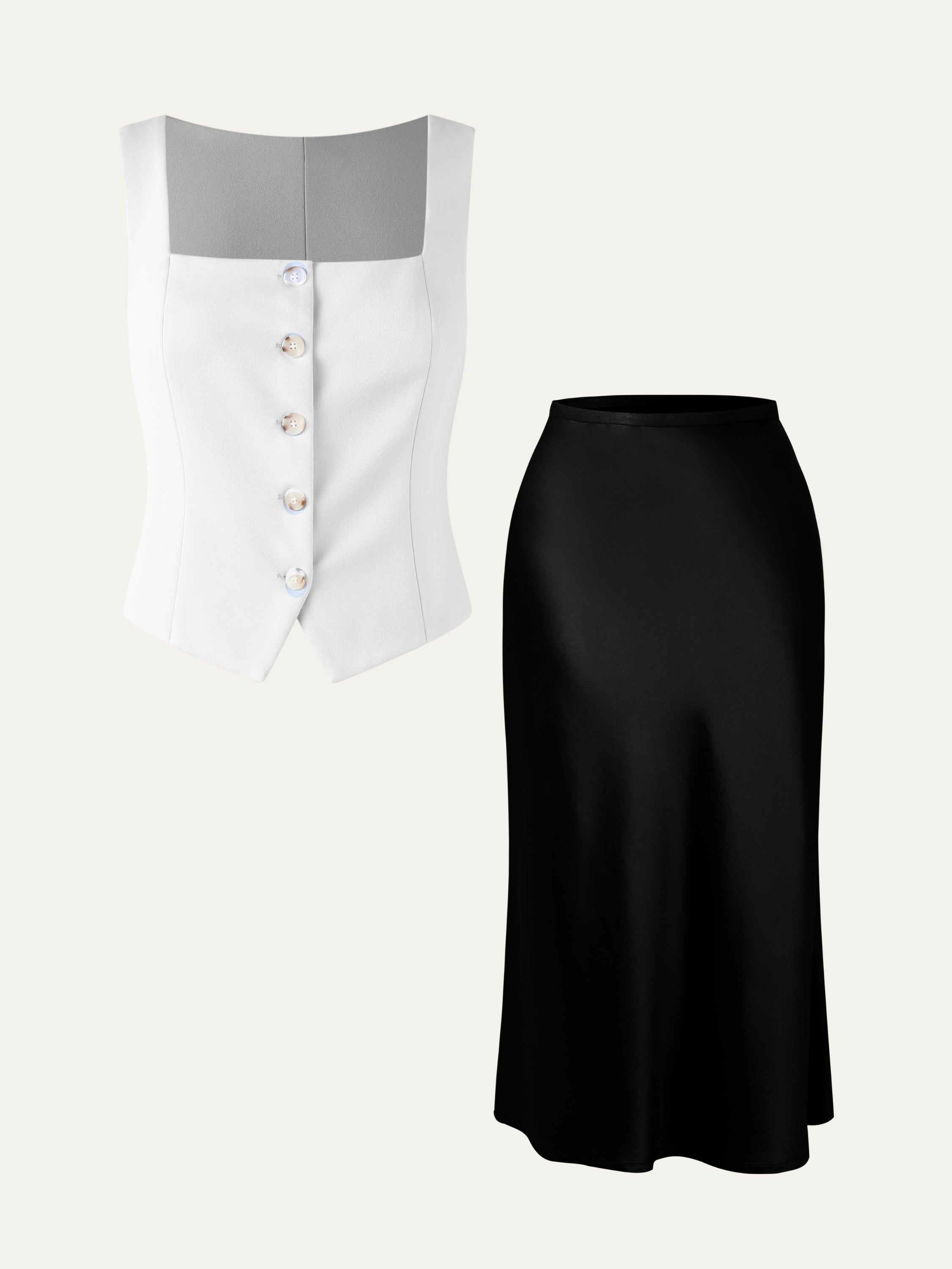 Square Neck Cropped Waistcoat & Acetate Bias-Cut Slip Skirt 2Pcs Set - White - Black