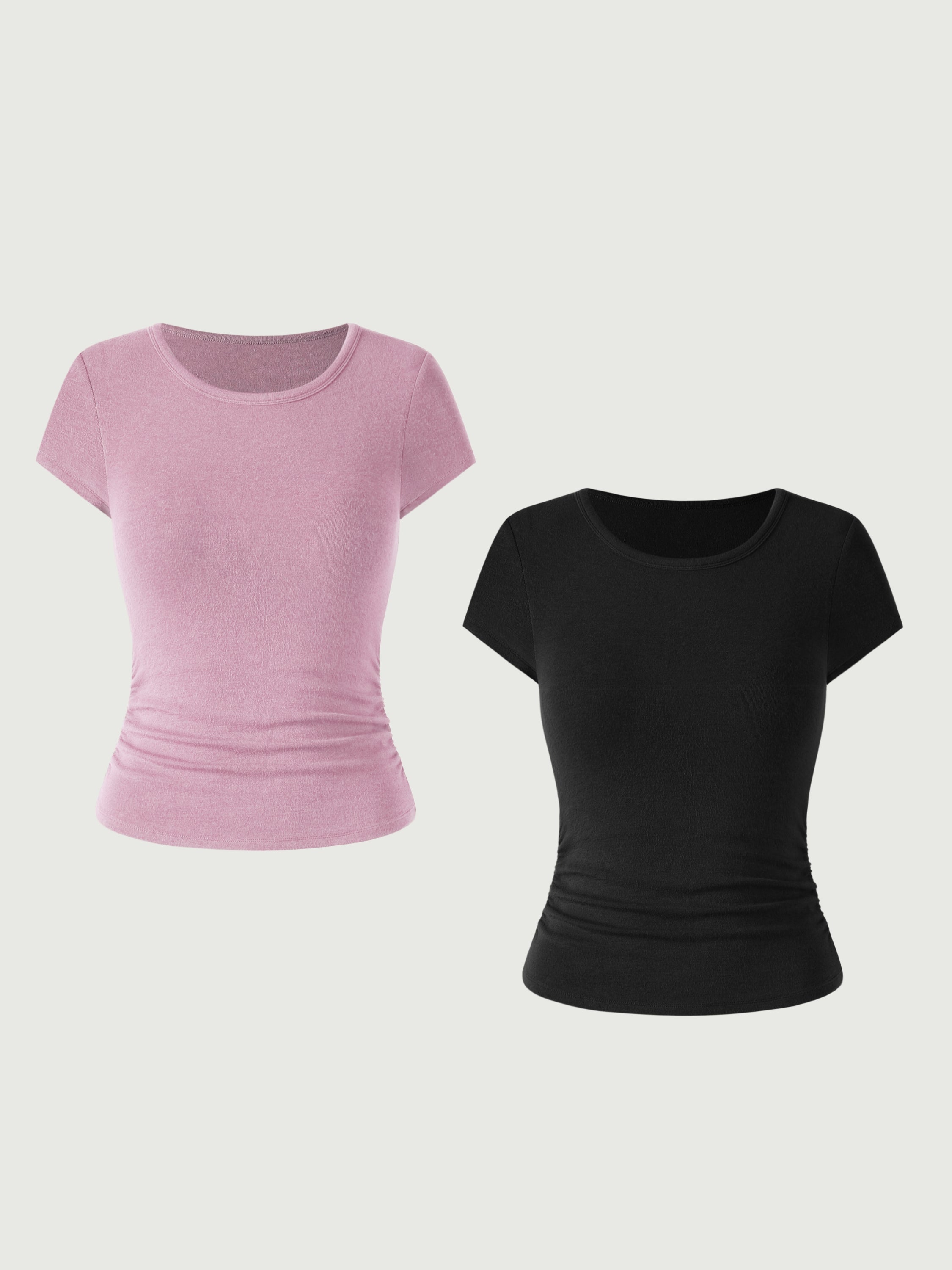 Eco-MiyaMoon® Round Neck Short Sleeve Brami Top 2Pcs Set - Black/Powder Lilac