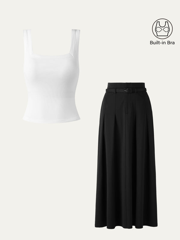 2Pcs Set Square Open-Back Brami Tank & Pin-Tuck Midi Skirt with Belt White/Black XS